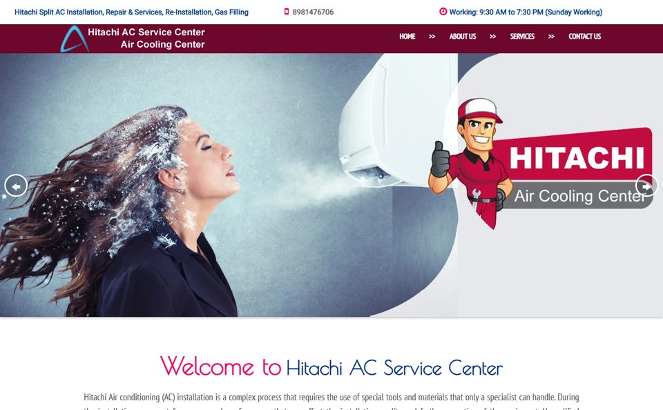 Hitachi AC Service Center website screenshot