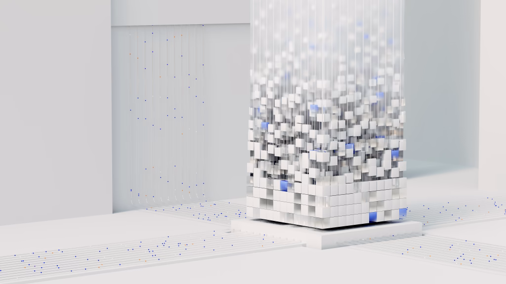 Abstract sculptural cube arrangement representing a connected technology ecosystem
