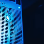 Modern server rack with blue lighting in a secure data center