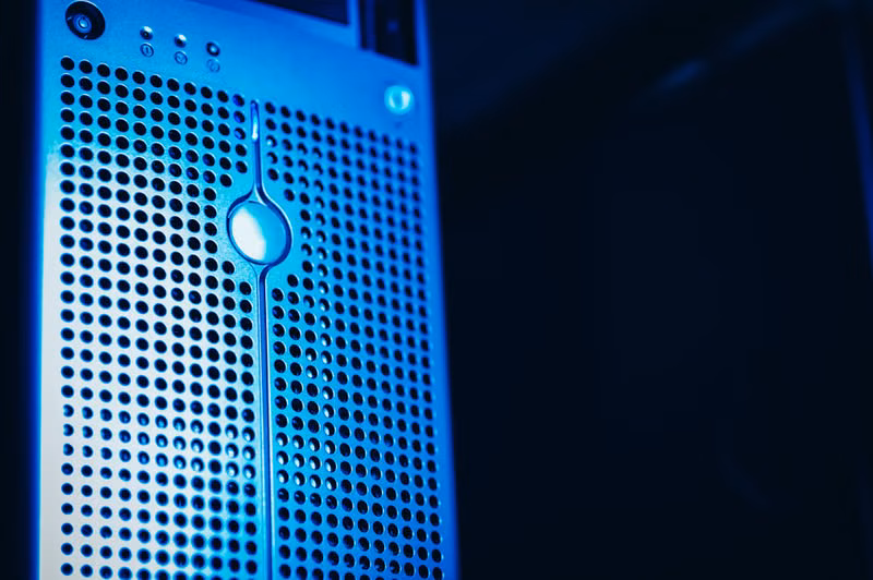 Modern server rack with blue lighting in a secure data center